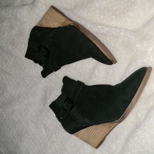 Blondo S. 11 M Black Suede Leather Ankle Booties Tan Wood Wedge Heels